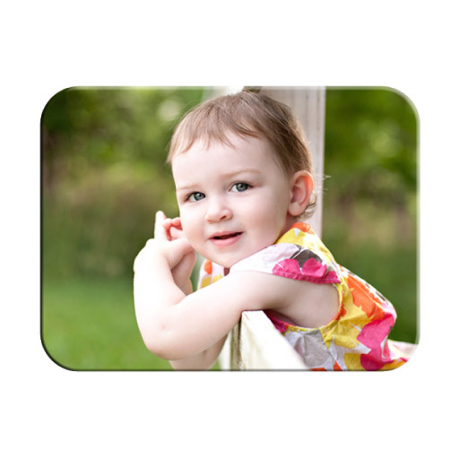Custom printed Mouse pad with rounded corners showing toddler girl leaning on fence