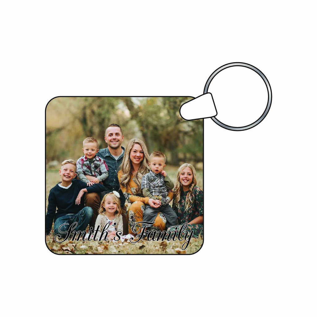 square metal aluminum keychain custom printed with a family photo