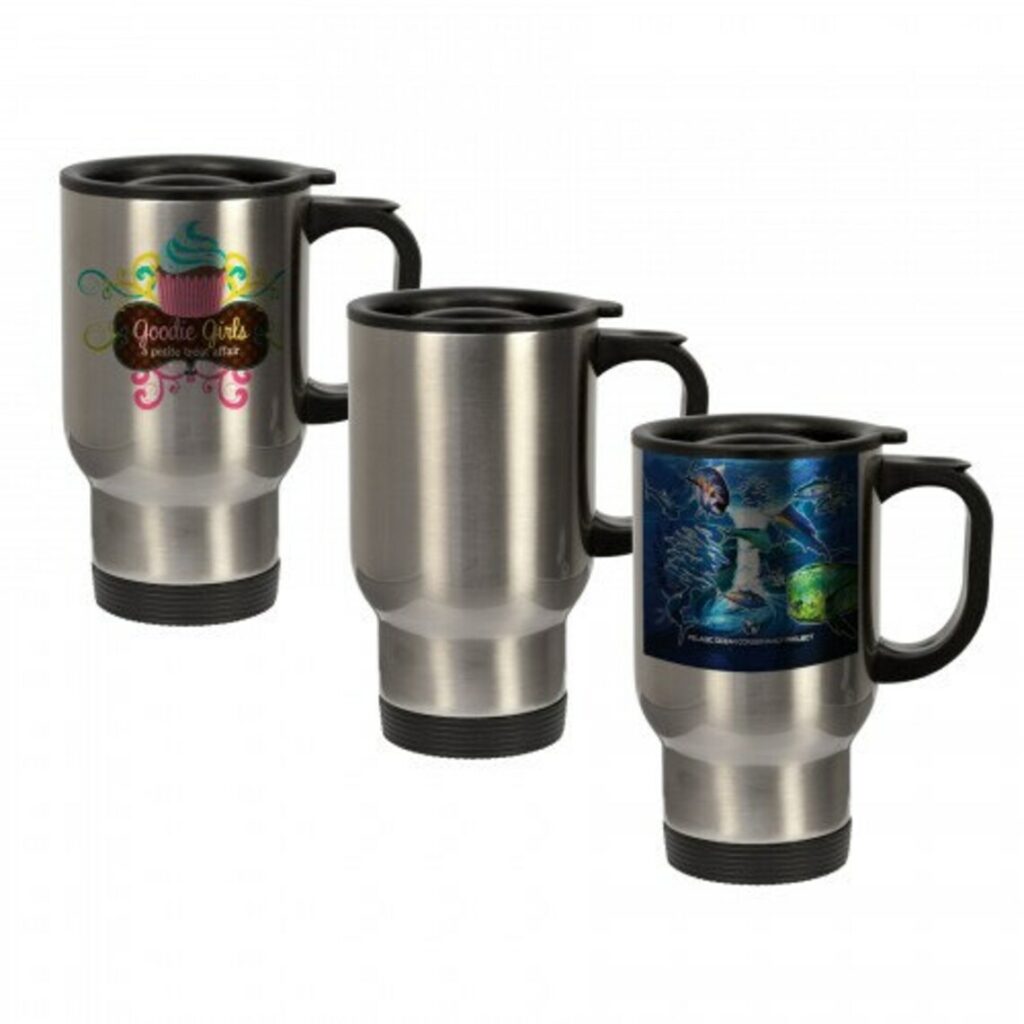 Custom printed metallic coffee mugs by Printwell Canada 14 oz. steel Travel Mugs