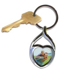custom printed metal twisted heart keychain sample showing couple family photo