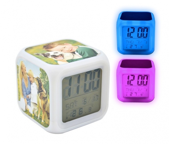custom printed personalized and branded sublimation alarm clock white color lights