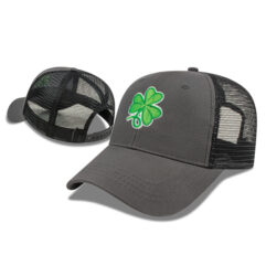 custom printed embroidered branded or personalized hat- X500 - X-Value Structured Xtra Value Mesh Back Cap - product photo featuring clover embroidery