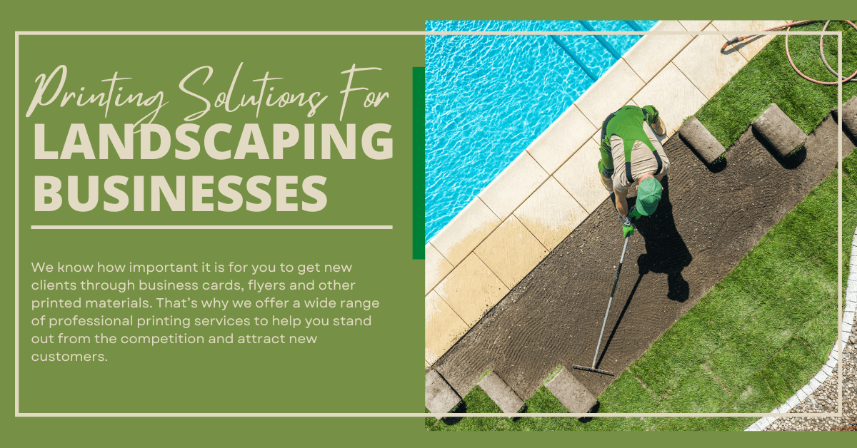 Printing solutions for real estate businesses. Features a contractor laying down some lawn beside a pool.