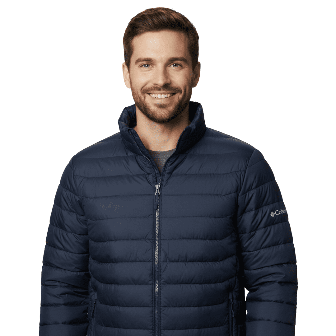 A man wearing a Columbia puffer jacket in Navy