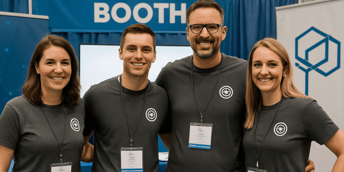 A team wearing matching tshirts with logo at a trade show.