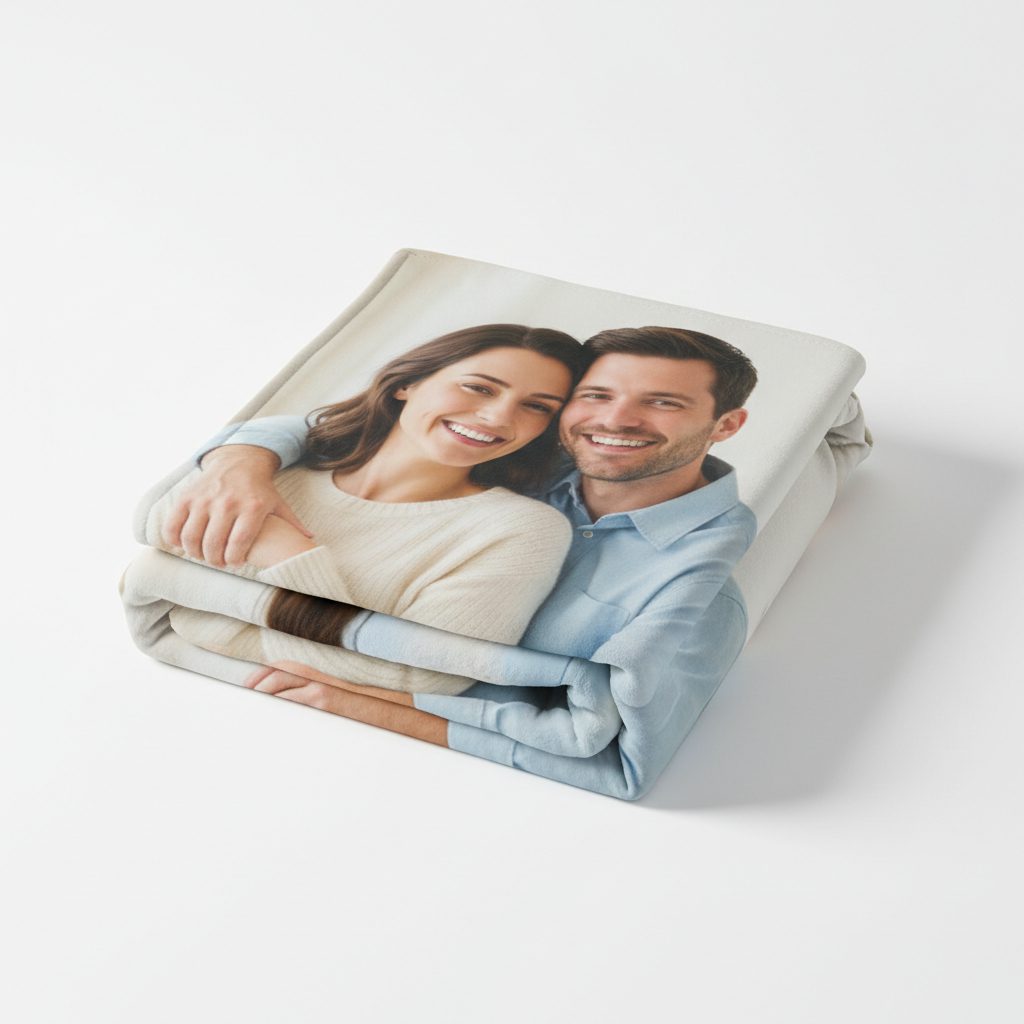 Quality printed photo blanket featuring a happy couple
